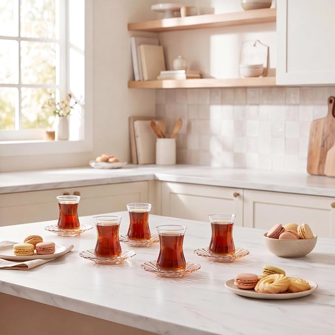 Karaca Luna 12-Piece Turkish Tea Cups for 6 People, 4.4 fl oz Turkish Tea Glasses Set with Elegant Light Brown Glass Saucers