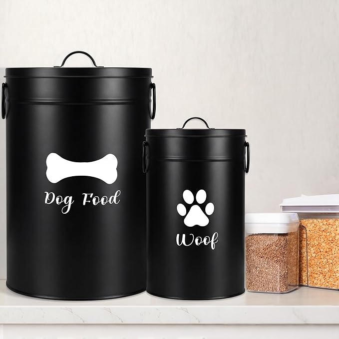 DoubleFill Extra Large 30+14 lb Metal Dog Food Storage Containers Set of 2 Black Airtight Dog Treat Snack Jars with Lids and Spoon Farm House Style Big Pet Cookie Storage Bin for Kitchen Counter Gift