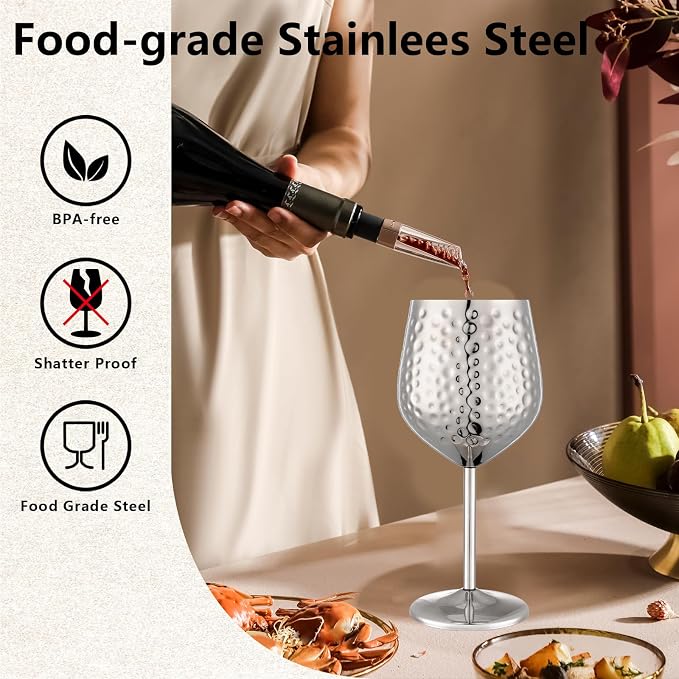 UNISWEET Stainless Steel Wine Glasses Set of 4 Unbreakable (Silver) | 17 oz Large-capacity Hammered Goblets, Lightweight & Reusable, Good for Outdoor, Camping, Pool Travel, Gift for Wine Lovers