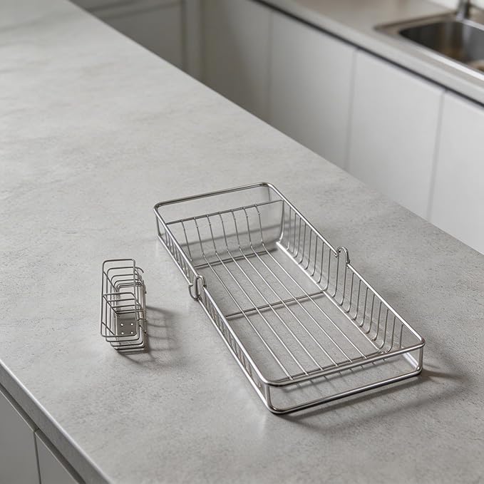 Expandable Stainless Steel Dish Drying Rack with Utensil Holder, Over The Sink Dish Drainer Basket for Kitchen, Space Saving Air Dry Organizer, Silvery, 40.5x18x13cm