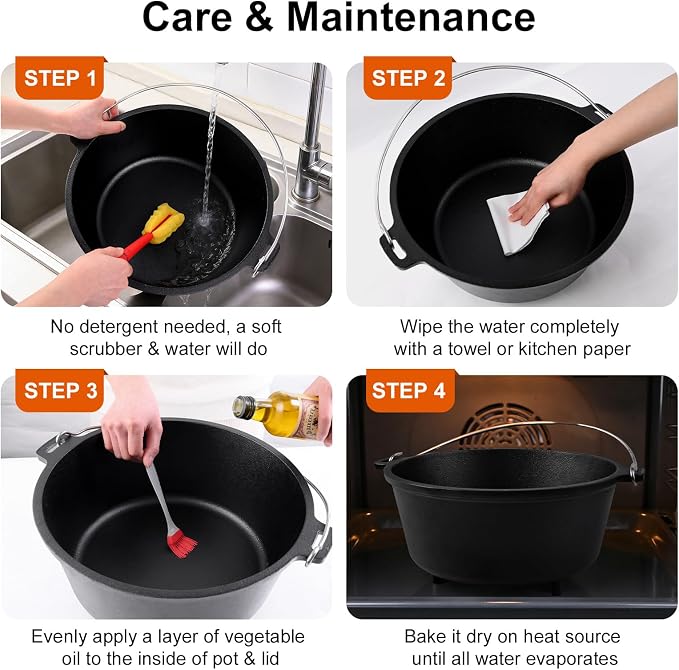 Pre-Seasoned Cast Iron 10QT Camp Dutch Oven with Lid, Large Camping Dutch Oven Pot, incl. Lid Lifter - Dual Handles - for Outdoor Campfire, Grill, Oven&Stovetop Cooking - Black