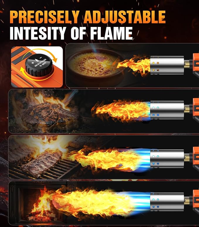 Powerful Propane Torch Gun, Kitchen cooking Torch lighter with Adjustable Flame, Flame Thrower Gun Butane Torch for Searing Steak, BBQ, Campfire, Fireplace (Tank Not Included) (Orange)