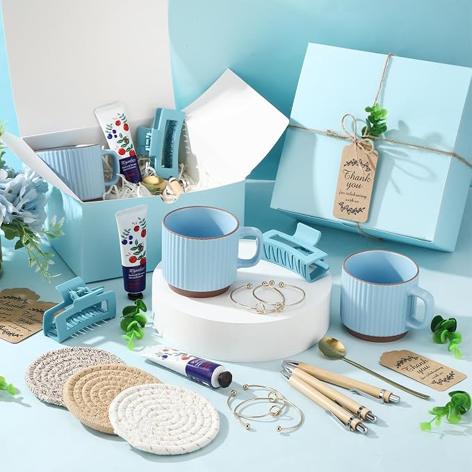 Reallnaive 61 Pcs Baby Shower Prizes for Game Winners Include Ceramic Mug Coaster Hand Cream Pen Spoon Bracelet Hair Clip Card Gift Box with Raffia for Guests Gender Reveal Bridal Shower Party(Blue)