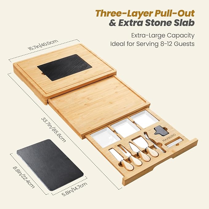 Extra Large 33.7x15.7 inch Charcuterie Boards Gift Set, 100% Bamboo Cheese Board and Knife Set, Cool Meat Cheese Platter Tray, House Warming Gifts New Home, Ideas for Women Mom