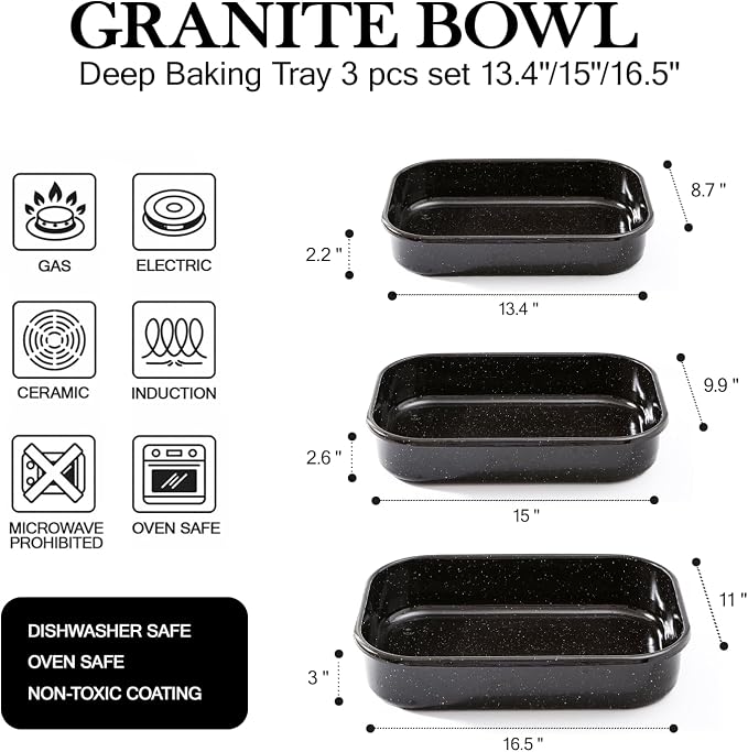 3-Pack Turkey Roasting Pans for Ovens Cake Roaster Pan Set Deep Lasagna Baking Pan,17/15/13Inch Spotted Enamel Steel Vessel Used for Dinners Cooking Safe Easy to Clean Bakeware Merry Christmas Gift