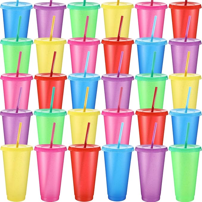 Honeydak 30 Pack Tumbler with Straw and Lid Bulk Cups for Gifts Glitter Plastic Coffee Cups 24-27 oz Reusable Water Bottle Iced Coffee Travel Mug Party Favors for Birthdays Travel (Gorgeous Color)
