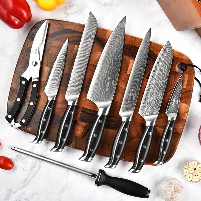 Damascus Kitchen Knife Set with Block, 9-Piece 67-Layer VG10 Damascus Steel Knife Set with Triple-Rivet Handles, Chef, Santoku, Utility, Bread & Paring Knives, Sharpener, Shears, Black