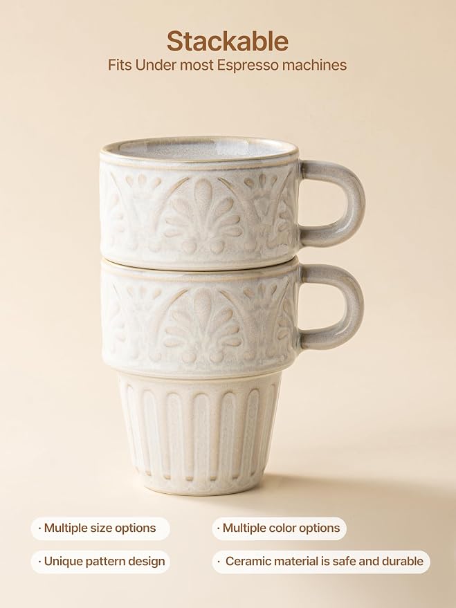 Mugs Set of 4, Ceramic Coffee Mug 12 OZ Beige, Stackable Mug, Set of 4, Microwave & Dishwasher Safe, Comfortable Grip for Latte Cappuccino Hot Chocolate, Perfect for Home Office & Holiday Gifting