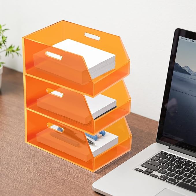 Gelite Stackable Storage Bins Open Front Organizer Bins with Handles Acrylic Storage Container for Pantry Kitchen Cabinet Bathroom Closet Office Organization, 15.4x11.4x6.7'', Neon Orange