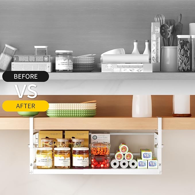 prueBox Under Shelf Storage Basket Organizer Adjustable Hanging Holder with Knob Lock, Heavy Duty Metal Panel for Pantry, Kitchen, Office, Closet, 11.8"-19.3" Wide, White, 1 Pack