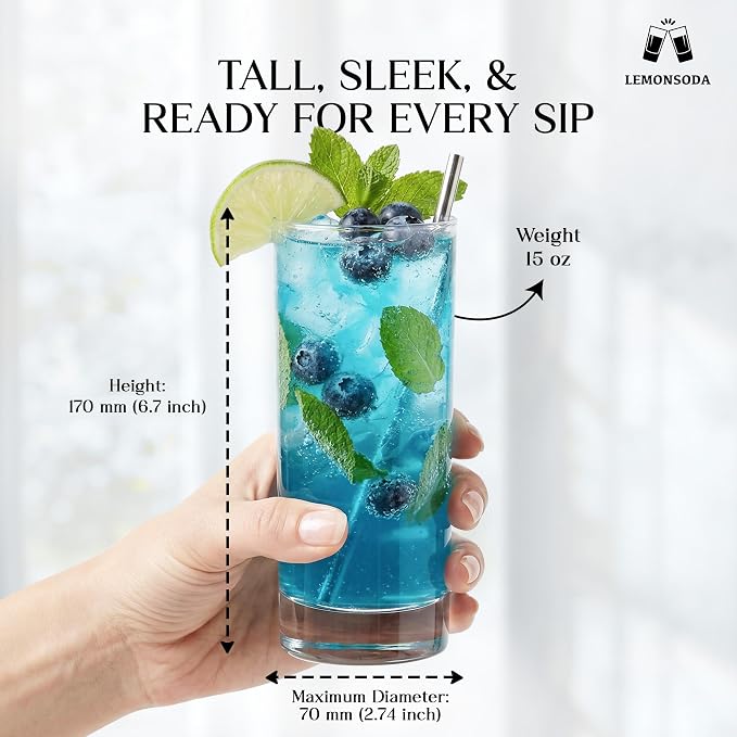 LEMONSODA Highball Glass Set | 15oz Set of 12 | Lead-Free Glass with Heavy Base | Dishwasher Safe Cocktail Glasses for Mojito Whiskey Iced Tea | Gift Box Included | Modern Durable Bar Glassware
