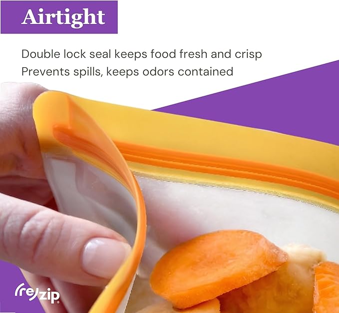 (re) zip 4-Piece Reusable Lunch & Leftovers Food Storage Bags – Leakproof, Airtight, BPA-Free, Food-Safe PEVA – Freezer Safe & Travel Friendly – Includes 1 Gallon, 2 Sandwich & 1 Snack Bag