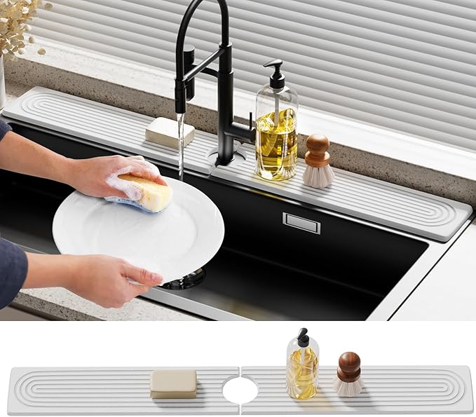 Sink Splash Guard - 30" Absorbent Stone Sink Tray for Kitchen and Bathroom Faucets - Durable Diatomite Mud Faucet Mat for Countertops - White