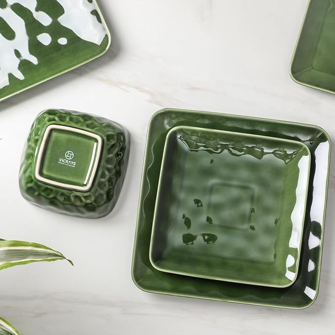 Vicrays Ceramic 18 Pieces Square Dinnerware Set - Dinner Plates Salad Plates Cereal Bowls Set Service for 6 - Scratch Resistant Microwave Oven Dishwasher Safe - Green