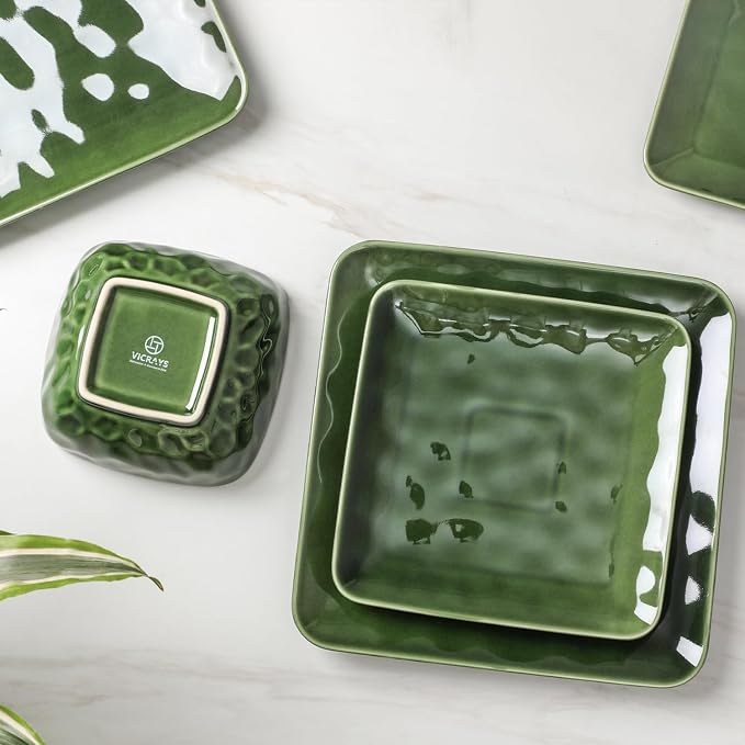 Vicrays Ceramic 24 Pieces Square Dinnerware Set - Dinner Plates Salad Plates Cereal Bowls Set Service for 8 - Scratch Resistant Microwave Oven Dishwasher Safe - Green