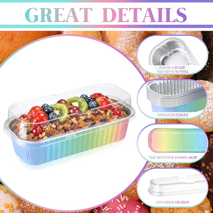 Qunclay 200 Pcs Aluminum Foil Mini Loaf Pans with Lids 6.8 oz Disposable Mini Cake Pan with Lid Rectangle Baking Cups for Party Muffin Cheesecake Ramekins(Rainbow)
