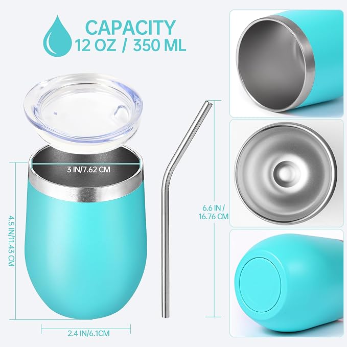 Volhoply 12oz Stainless Steel Wine Tumbler with Lid Bulk 4 Pack,Double Wall Vacuum Stemless Wine Glasses,Reusable Metal Travel Coffe Mug with Straw,Insulated Cup Gifts for Women,Christmas（Green,4 Set）