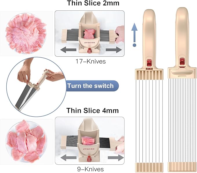 Meat Slicer for Fresh Raw Meat (Steady Grip), 17 in 1 Stainless Steel Cleaver Kitchen Knife, Slice, Shred, Chop, Meal Prep, Beef Pork Mutton for Cooking BBQ Hot Pot Meat Slicer -Pink