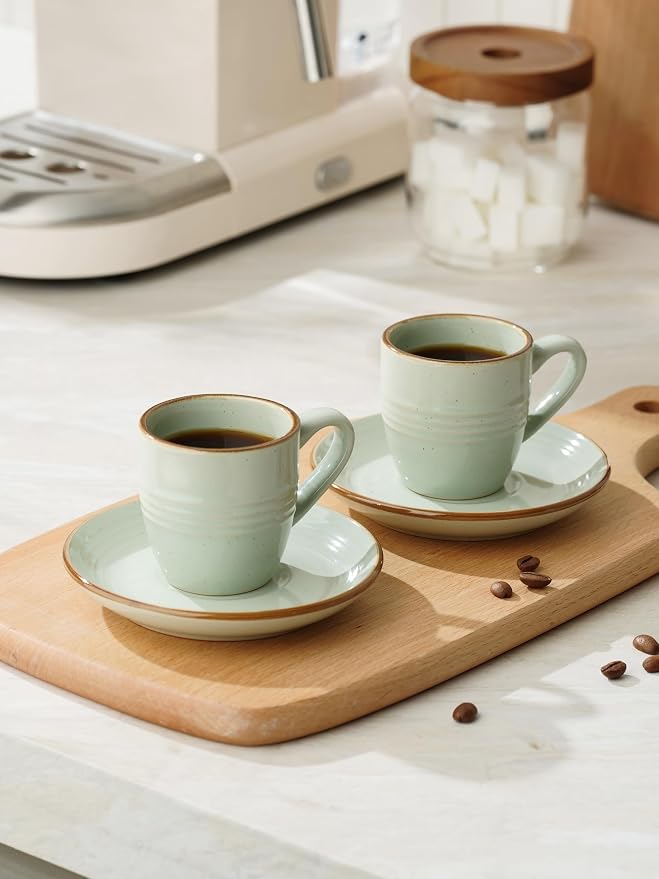 famiware amiware Jupiter Espresso Cups and Saucers Set of 4, 3 oz Ceramic Small Coffee Mug with Handle, Spiral Stoneware Demitasse Cup for Tea, Latte, Cafe - Microwave & Dishwasher Safe, Light Green