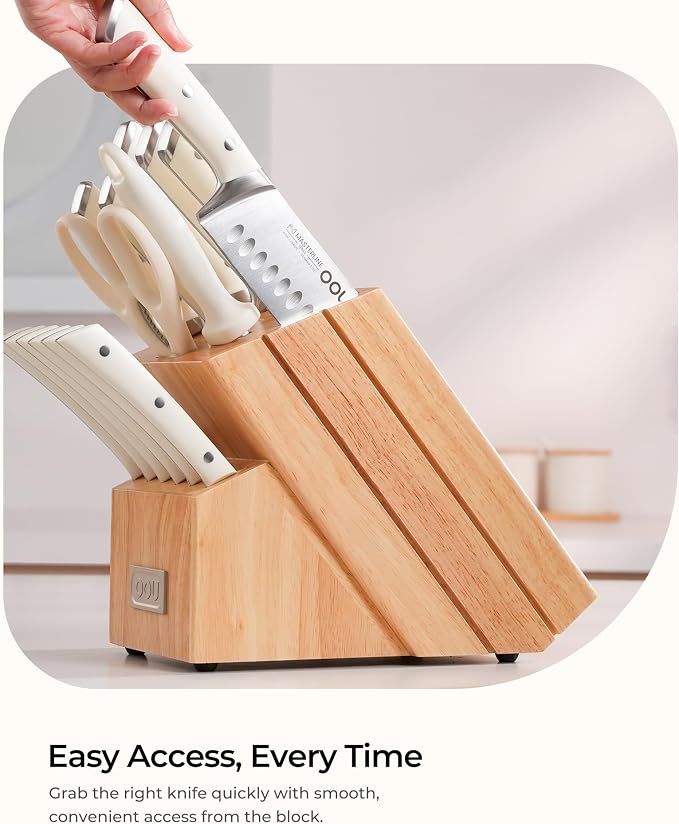 Knife Set, 15 Pcs German High Carbon Stainless Steel Kitchen Knife Set, Knife Sets with Block and Sharpener,Enduring Razor-Sharp FSC Wooden Knives Block Set for Kitchen，Nature