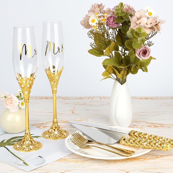 6 PCS Wedding Cake Knife and Champagne Flutes Server Set with Fork Mr and Mrs Champaign Flutes, Bride and Groom Champagne Glasses Crystal Rhinestone Wedding Toasting Glasses Parties