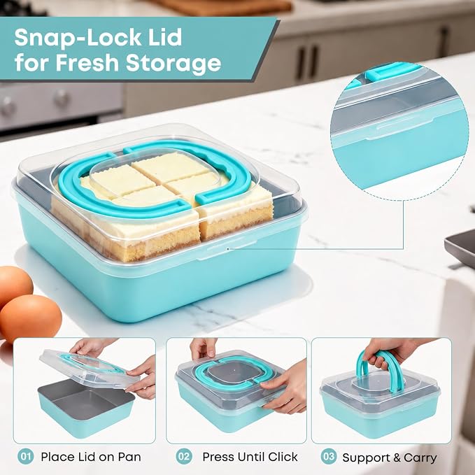 9 Inch Square Cake Pan with Snap-Lock Lid, Nonstick Carbon Steel Brownie Pan with Foldable Handle, PTFE & PFOA Free, for Brownies Bars Casseroles