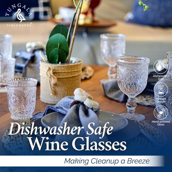 Vintage Wine Glasses,Set of 6 Glass Goblets for Water, Wine or Cocktails - Fancy Wine Glasses with a retro vibe. Sunflower Embossed Design on sturdy dishwasher-safe glasses.