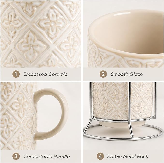 6 Oz Coffee Cups with Stand, Stackable Espresso Cups Set of 4, Ceramic Cappuccino Cup, Embossed Coffee Mugs for Latte, Cocoa, Mocha, Tea, Housewarming Wedding Present, Dishwasher Safe