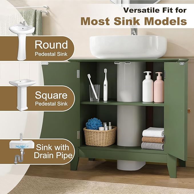 Under Sink Bathroom Cabinet with U-Shape Cutout for Pedestal Sink, Storage Cabinet with 2 Doors, Adjustable Shelf, Freestanding Floor Cabinet, Space-Saving Organizer for Bathroom (Green)