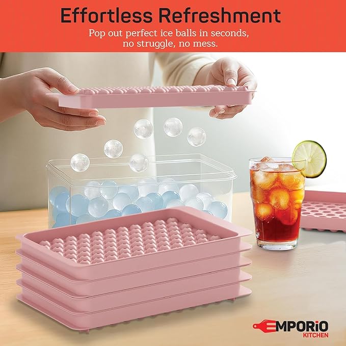 Round Ice Cube Tray Set Pack of 4, BPA-Free Stackable Trays with Lid & Tongs, 104 Ice Balls Per Tray for Whiskey, Drinks, and Cocktails, Quick Release Round Ice Cube Mold, Pink