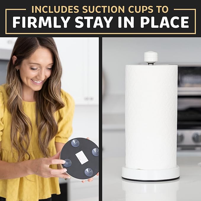 Heavy-Duty Stainless Steel Paper Towel Holder - Easy One-Handed Tear with Suction Cups - Modern Weighted Standing Countertop Dispenser for Kitchen - Holds All Paper Towel Rolls, White