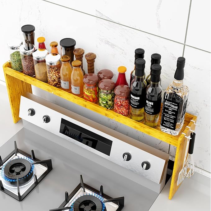 NKM bamboo spice rack,stove top shelf,over the stove shelf for back of stove,kitchen counter shelf for spice organization