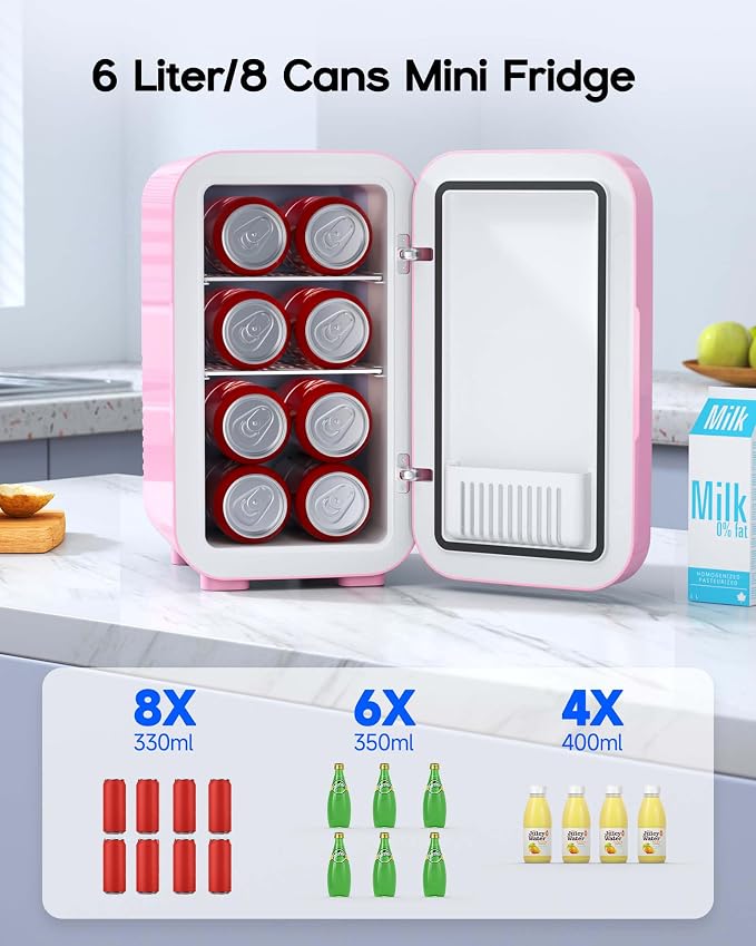 BEICHEN Mini Fridge,6 Liter / 8 Can Small Fridge for Bedroom, Car, Office & Dorm, AC100-120 V/DC 12 V Portable Thermoelectric Cooler & Warmer for Skincare, Food, Drinks,Pink