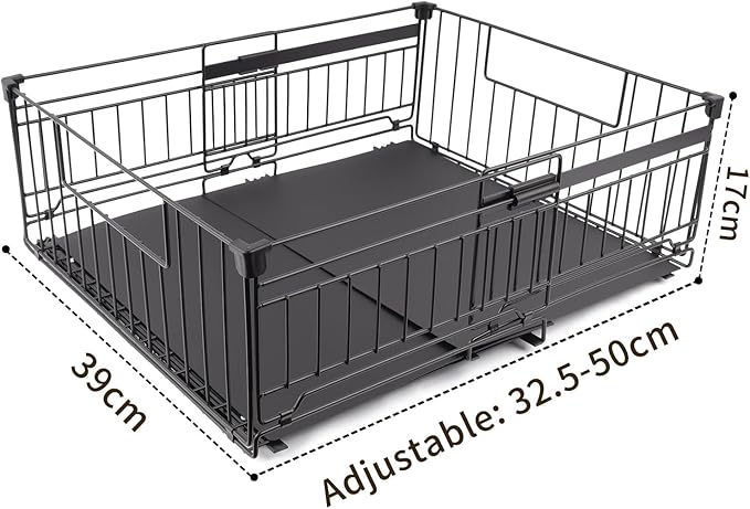 Expandable Pull Out Cabinet Organiser, No Drill Adhesive Slide Out Kitchen Drawer Shelf Durable Metal for Under Sink, Cupboard, Pantry, Adjustable Width (12.8"-19.7") (Style B Black, 1 Pack)