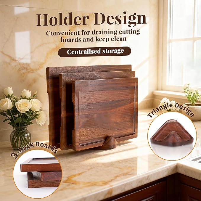 Walnut Wood Cutting Boards for Kitchen 3 Packs, Solid Wooden Cutting Board Set with Holder, Large-Small Chopping Boards with Deep Juice Grooves, Non Toxic 100% Natural, Perfect House Warming Gifts