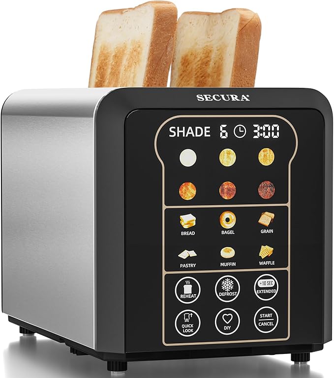 Secura 2 Slice Automatic Toaster Touch Screen Smart Toaster with Digital Timer 6 Bread Type & 6 Browning Levels, Reheat, Deforst, +10s Extended Customizable Memory Settings Great for Home, RV, Office