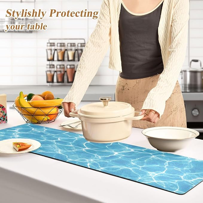 2-in-1 Table Runner Trivet for Hot Dishes Heat Resistant Hot Plate Mat Pad 39x12 Inch Waterproof Table Protector Trivets for Countertop Non Slip Decorative Bright Blue Pool Ripples
