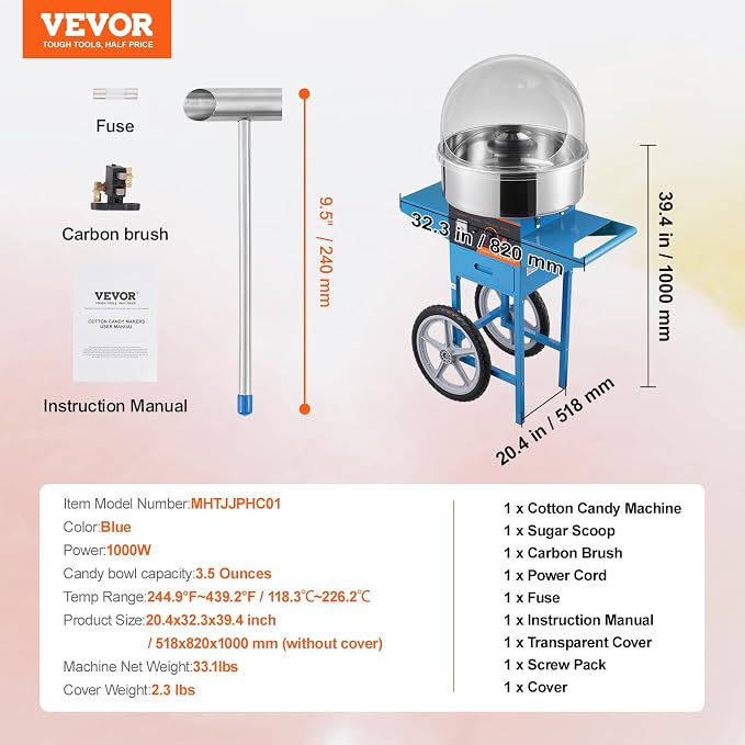 VEVOR Electric Cotton Candy Machine Cart with Cover, 1000W Commercial Floss Maker w/Stainless Steel Bowl, Sugar Scoop and Drawer, Perfect for Home, Carnival, Kids Birthday, Family Party, Blue