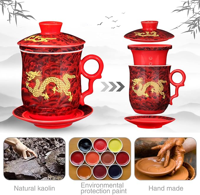 Chinese Dragon Pattern Tea-Mug with Strainer Infuser and Lid and Saucer Ceramic Tea Mug Convenient System Chinese Porcelain Personal Tea Cup 13.5 oz(380ml) - RED, TC400