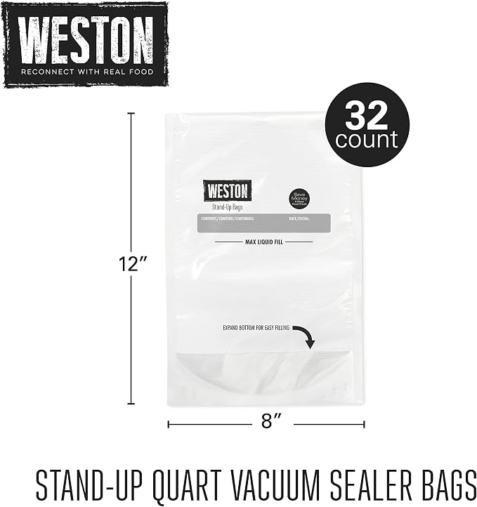 Weston 8" x 12" Stand Up Quart Vacuum Sealer Bags For Meal Prep & Sous Vide | 2 Ply 3mm Thick | Compatible With NutriFresh & FoodSaver | BPA Free | Stands Up For Liquid Sealing | 32 Count | Clear