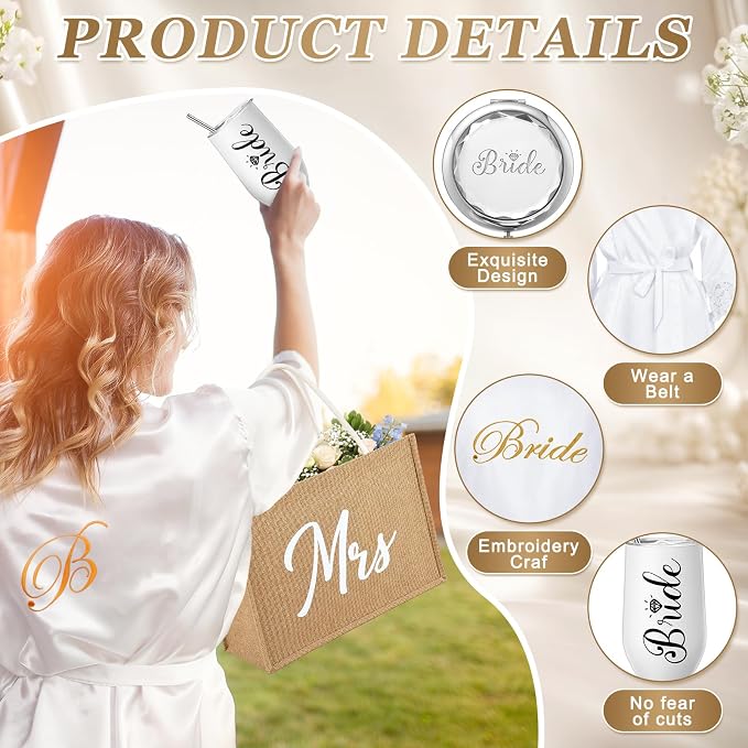 JaGely 9 Pcs Bride to Be Gifts Set Bridal Shower Bachelorette Wedding Gifts with Robe Slippers Tumbler Tote Bag & Bridal Kit