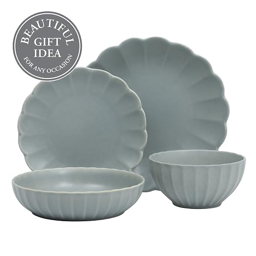 Gibson Elite Malibu Shore 16 Piece Scallop Stoneware Reactive Glaze (Service for 4) Ceramic Plates and Bowls Dinnerware Set - Blue