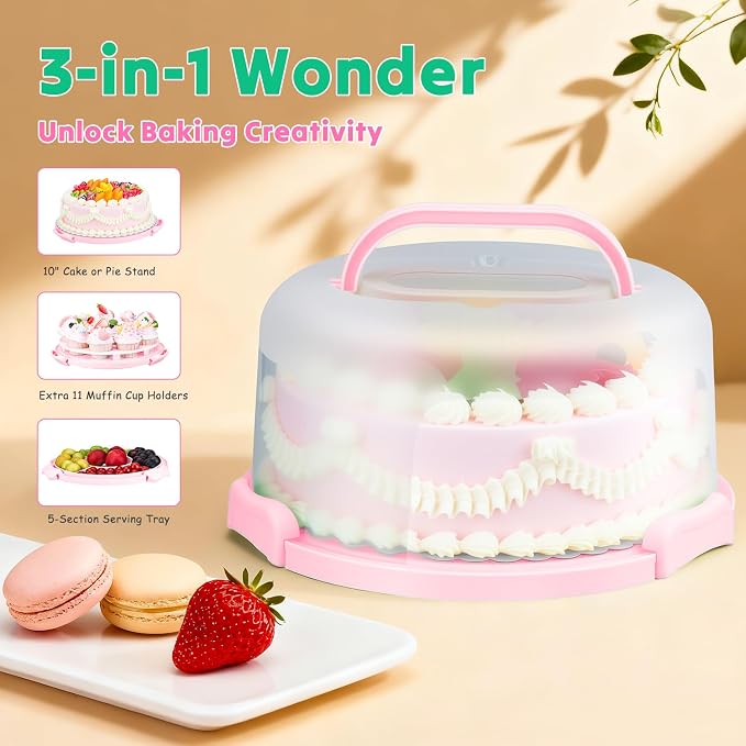 Cake Carrier, Cake Stand with Lid, Bpa-Free Cake Holder with Lid for 10 Inch Round Cake Carrier with 10 pcs Round Golden Cake Boards and Portable Insulated Bag & Two Boxes of Cupcake Paper Liners