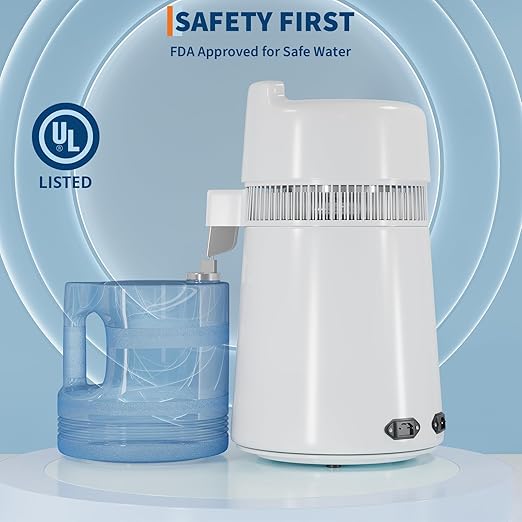 Countertop Water Distiller, 1 Gallon / 4L 750/900W Pure Water Maker with Auto Shut-Off, 304 Stainless Steel & Glass/Plastic, for Home Drinking, Cooking, Appliances – Removes Impurities & Solids