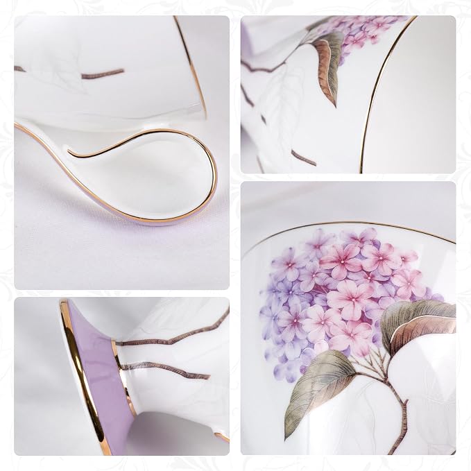 KAMMAK Ceramic Coffee Cups Saucers Set of 2, Porcelain Espresso Cup with Saucer, 8.45 oz Handcrafted Elegant Bone China Tea Cups, Purple Floral Pattern Demitasse Cup for Latte, Americano, Cappuccino