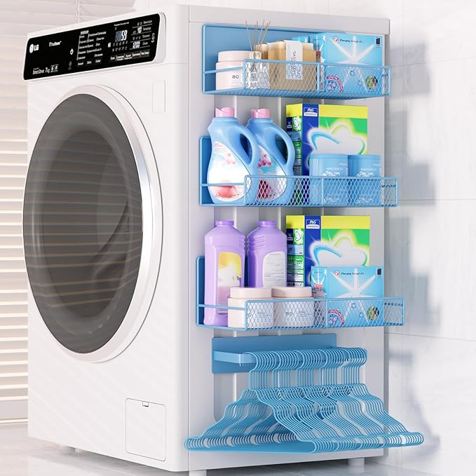 DTUQYX Magnetic Shelf for Washing Machine 4-Pack: Widen Magnetic Laundry Organizer (5"-6") with Hanger Organizer, Strong Magnet, Rust Proof, Heavy Duty Magnetic Spice Rack for Refrigerator (Blue)