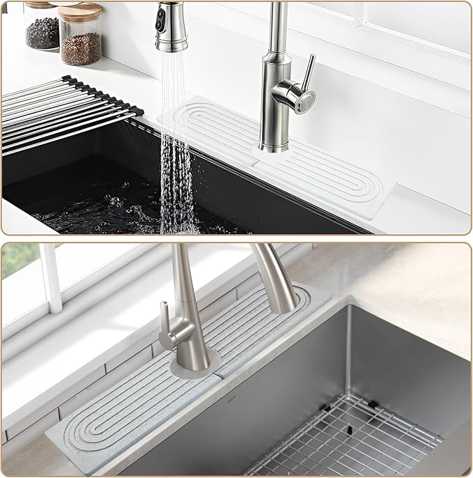 Jiozermi 23.6 Inch Diatomite Faucet Mat for Kitchen Sink, Diatomite Stone Sink Tray Faucet Sink Splash Guard Sink Faucet Absorbent Mat for Kitchen Bathroom Fucet Sink(23.6" x 3.9",Light Grey)