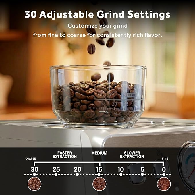 Espresso Machine with Grinder, 20 Bar Espresso Maker with Milk Frother, PID Temperature Control, 30 Grind Settings, Removable Water Tank, Stainless Steel Coffee Machine for Cappuccino, Latte