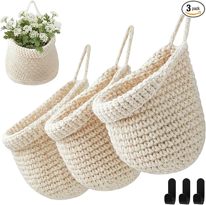 Honeydak Boho Decor Hanging Wall Baskets for Kitchen 3 Pack Teardrop Baskets with Hooks Storage Fruit Onion Vegetable Potato for Home 3 Sizes(White,Barrel,Cotton Rope)