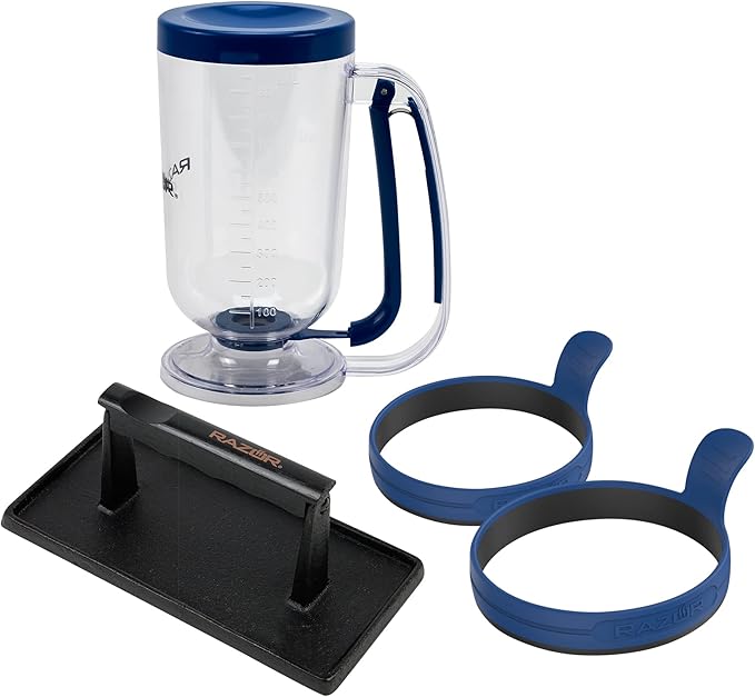 RAZOR 4 Piece Breakfast Kit for Griddle- Pancake Batter Dispenser, 2 Silicone Egg Rings, and Cast Iron Griddle Press